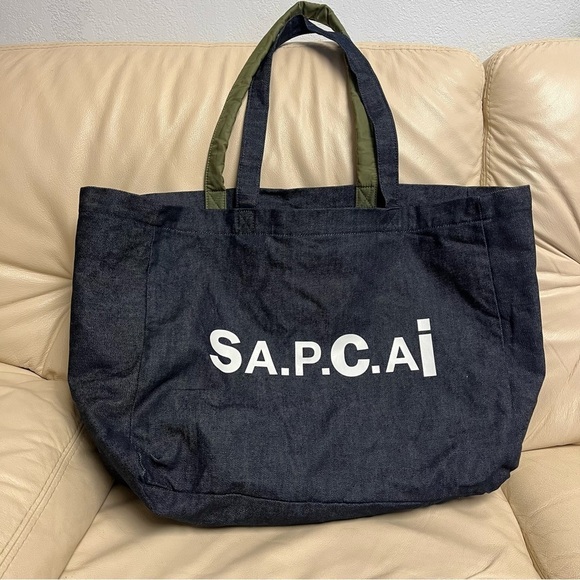 SACAI x APC Large Denim Tote Bag Reversible Green Nylon Bomber Jacket Style - Picture 1 of 16